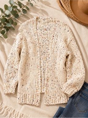 ADORA Cream Confetti Knit Cardigan M/L | Chunky Open Front Cozy Sweater